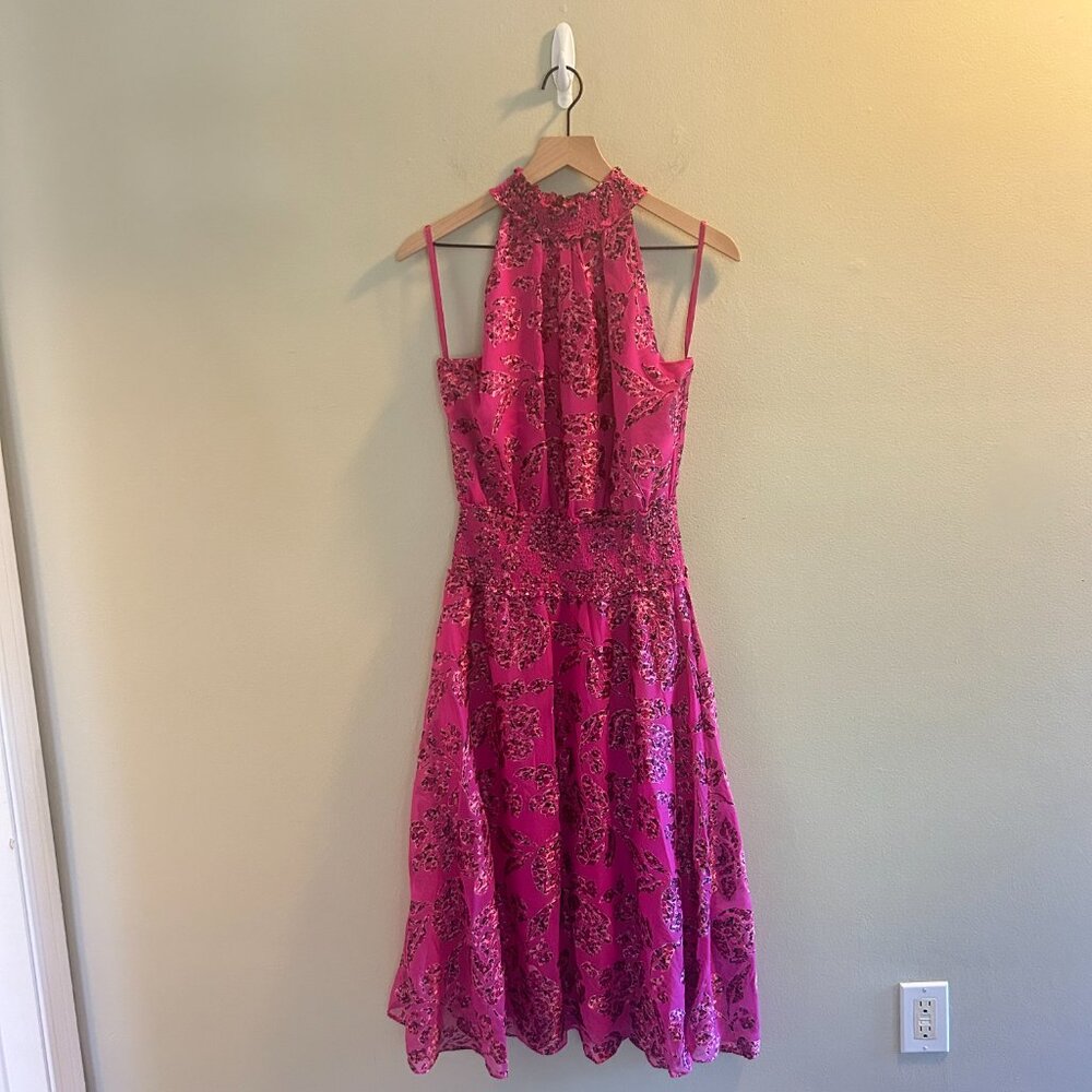White House Black Market Floral Burnout Smocked-Neck Midi Dress Size 4 Pink - Picture 3 of 9
